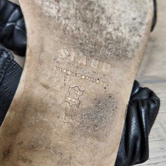 STAUD Maya Black Ruched Leather Slide Strappy Sandals - Picture 14 of 15